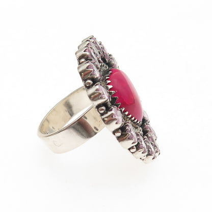 925 Sterling Silver Vintage Real Pink Agate & C Z Heart Adjustable Ring Size 9