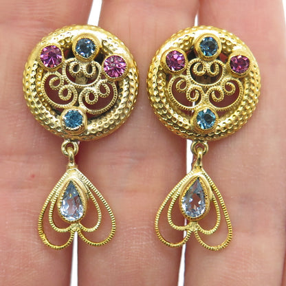 925 Sterling Silver Gold Plated Vintage Rhinestone Heart Screw Back Earrings