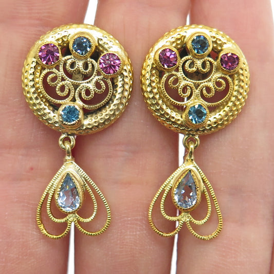 925 Sterling Silver Gold Plated Vintage Rhinestone Heart Screw Back Earrings