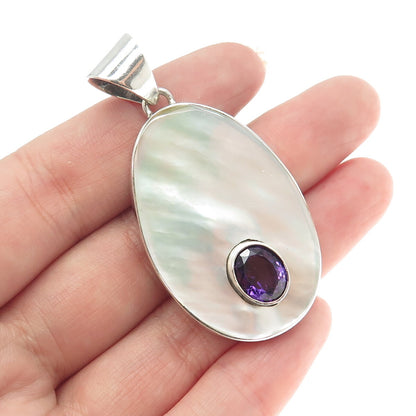 925 Sterling Silver Vintage Real Amethyst & MOP Oval Pendant