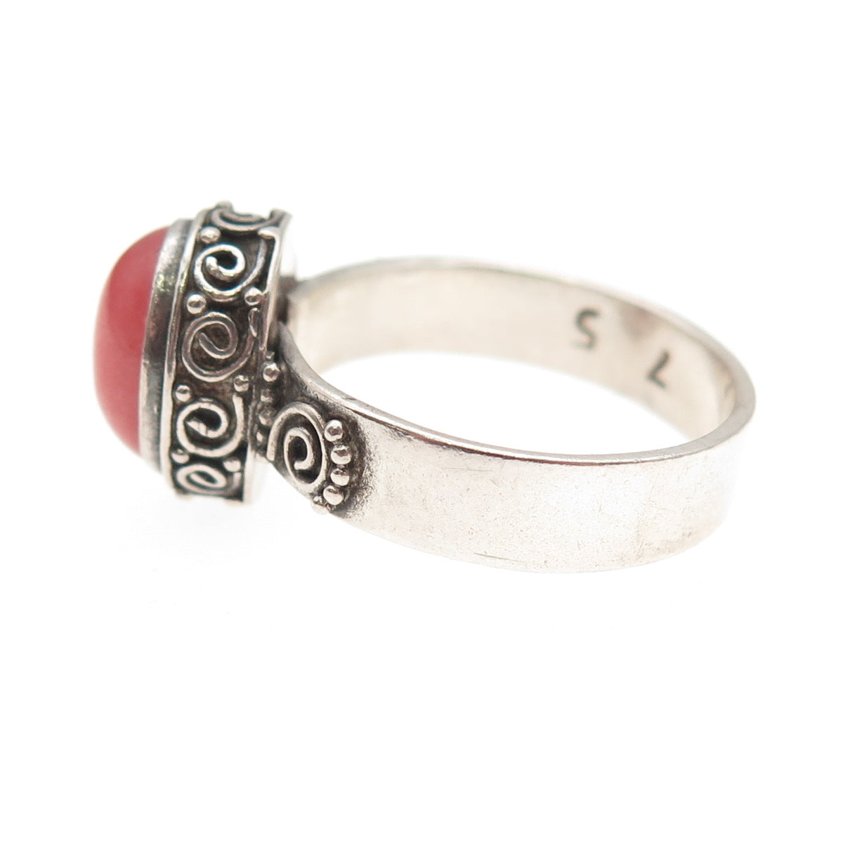 925 Sterling Silver Vintage Real Cherry Quartz Spiral Oxidized Ring Size 7.5