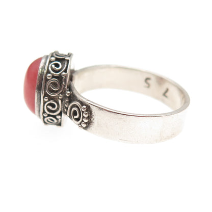 925 Sterling Silver Vintage Real Cherry Quartz Spiral Oxidized Ring Size 7.5