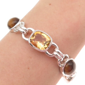 925 Sterling Silver Vintage Real Citrine Smoky Quartz Tiger Eye Bracelet 7"