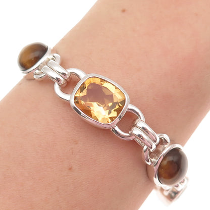 925 Sterling Silver Vintage Real Citrine Smoky Quartz Tiger Eye Bracelet 7"