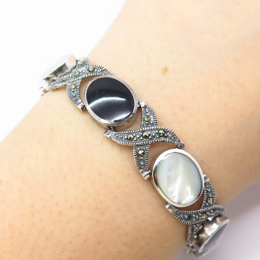 925 Sterling Silver Vintage MOP Black Onyx & Marcasite Gem Link Bracelet 7"