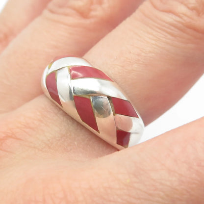 925 Sterling Silver Vintage Real Rhodochrosite Gemstone Wicker Ring Size 9