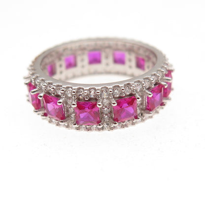 925 Sterling Silver Lab-Created Ruby & C Z All Around Band Ring Size 5.5