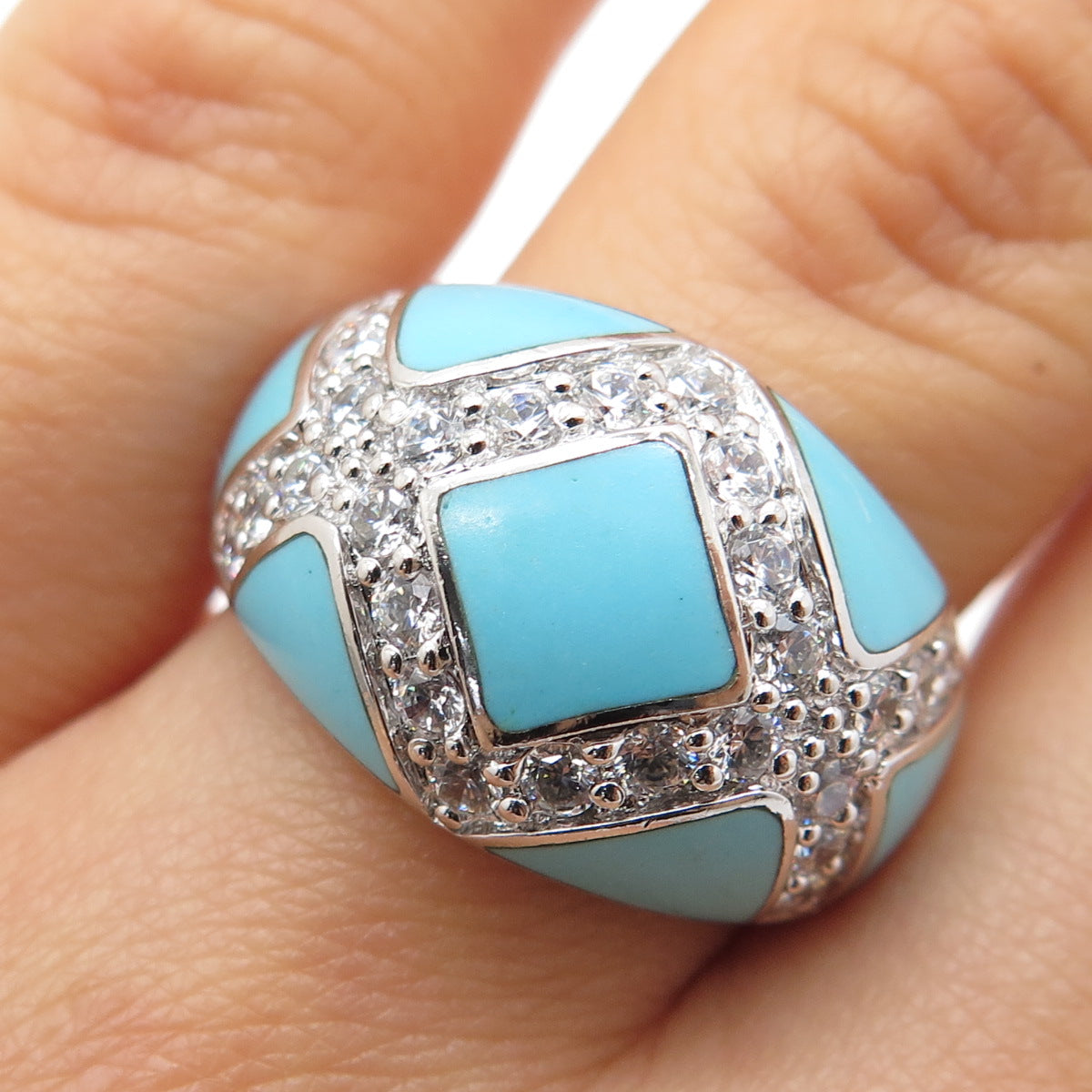 ERIC GROSSBARDT 925 Sterling Silver Vintage Real Turquoise & C Z Ring Size 8