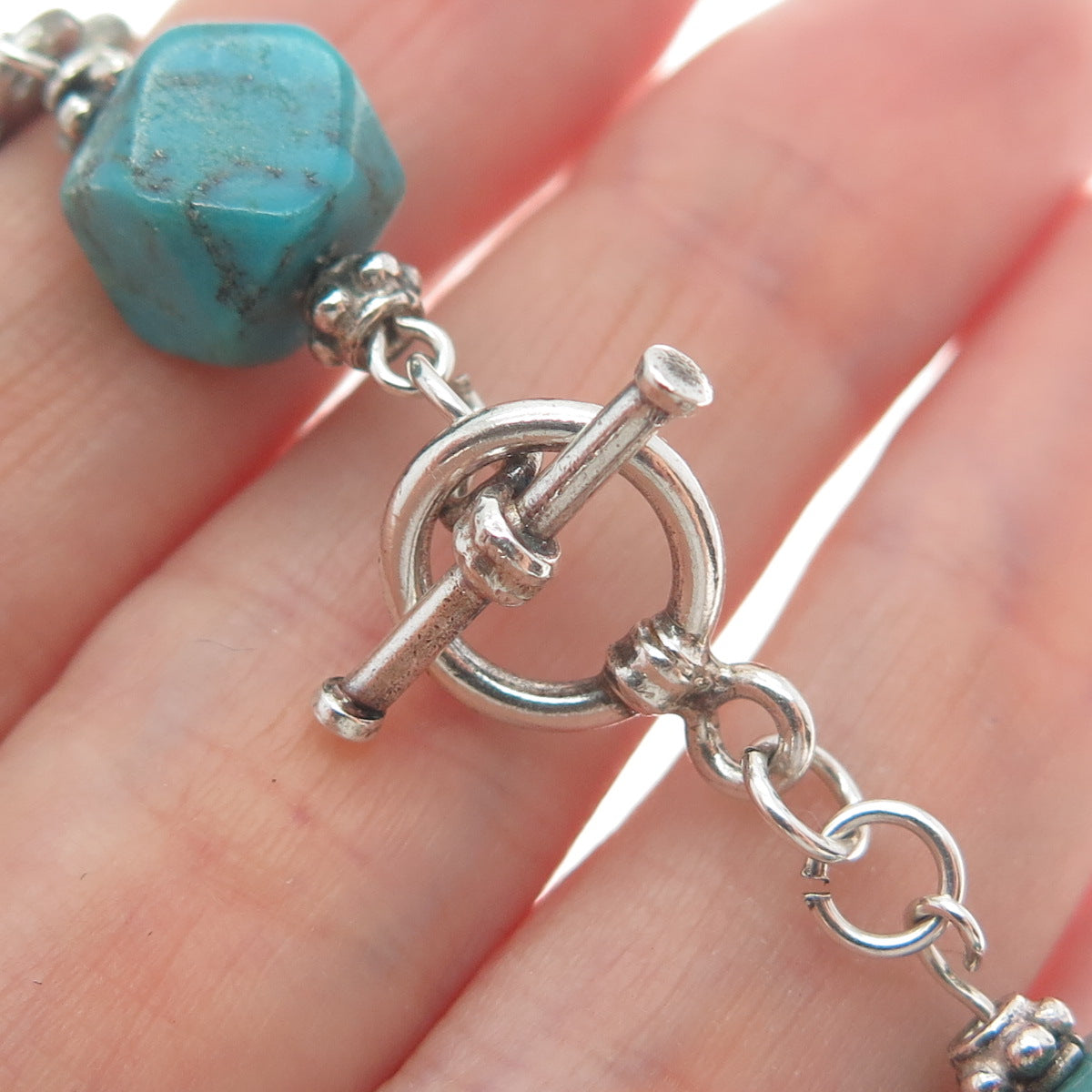 925 Sterling Silver Vintage Kingman Turquoise Spiral Circle Cross Bracelet 6.5"