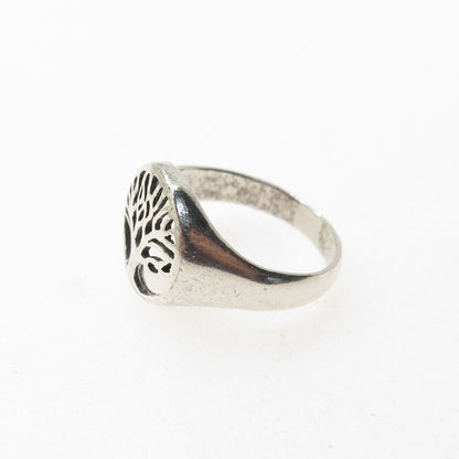 925 Sterling Silver Vintage Tree of Life Oxidized Signet Ring Size 6.75
