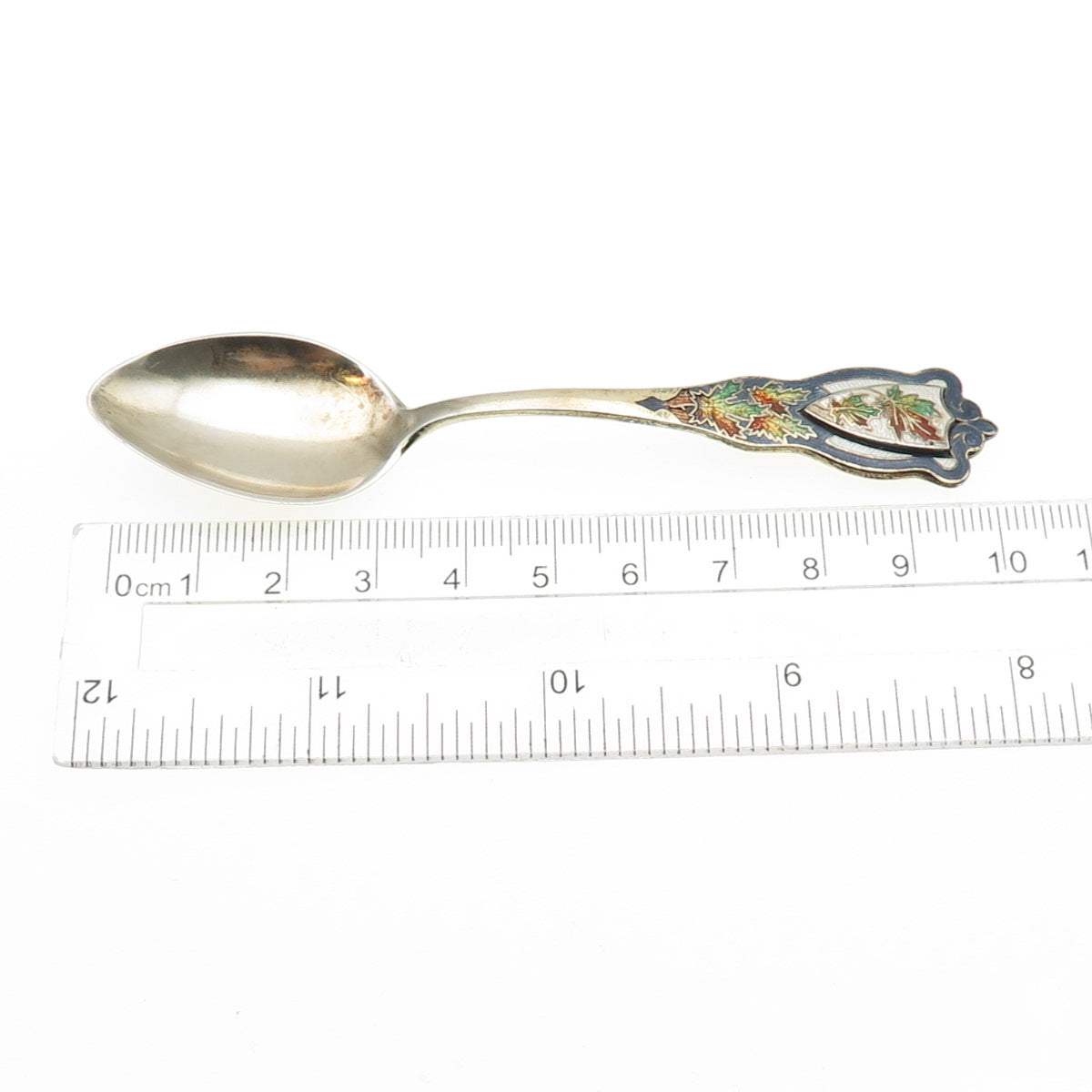 CARON BROS 925 Sterling Silver Antique Art Deco Enamel Maple Leaf Coffee Spoon