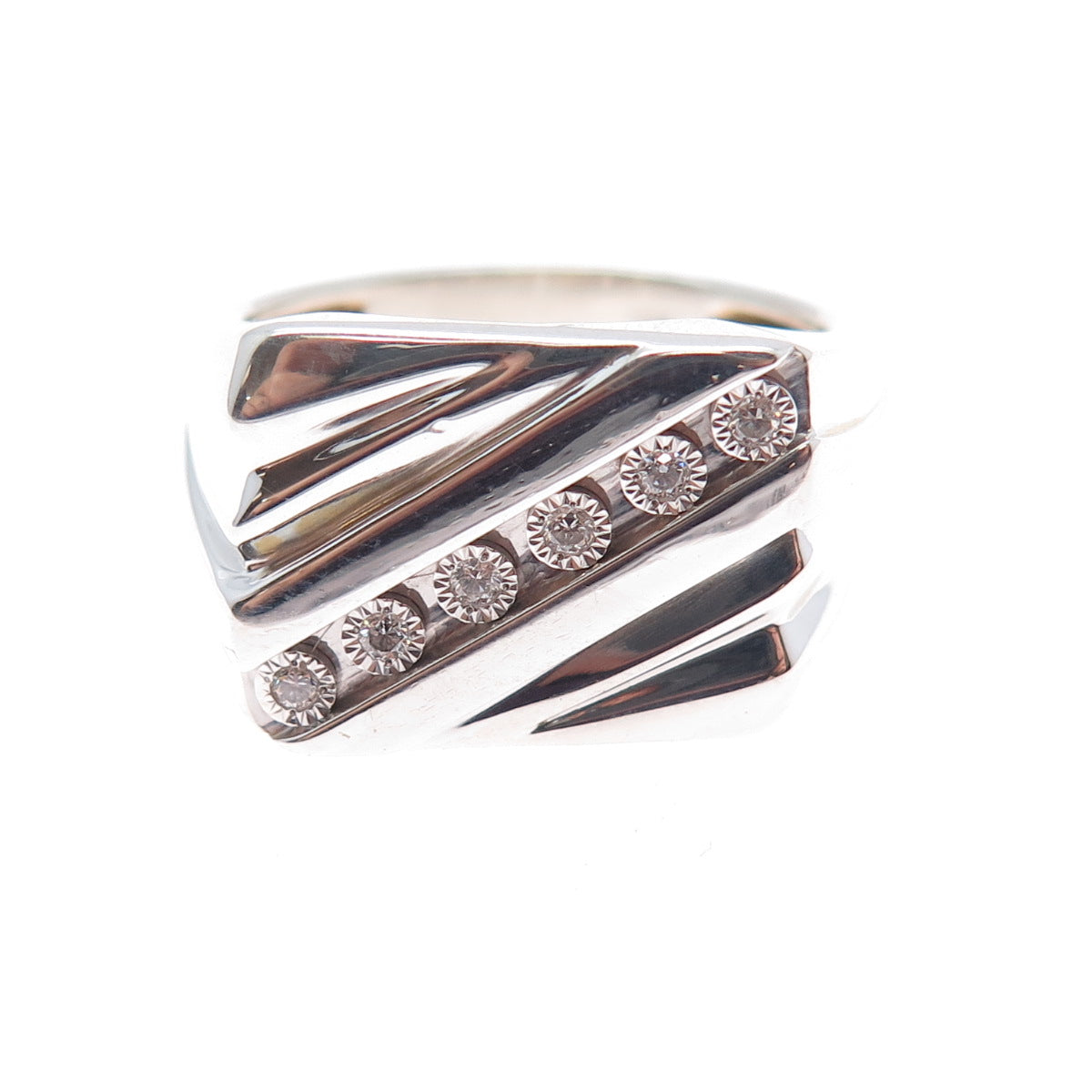 925 Sterling Silver Real Round-Cut Diamond Modernist Ring Size 10.5