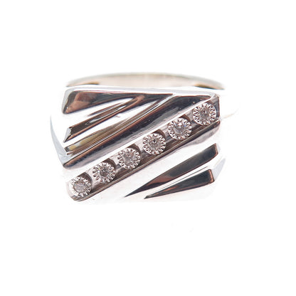 925 Sterling Silver Real Round-Cut Diamond Modernist Ring Size 10.5