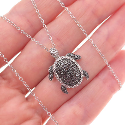 Heng Ngai Sterling Silver Real Black & White Diamond Turtle Chain Necklace 18"