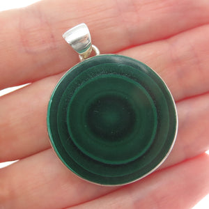 925 Sterling Silver Vintage Real Malachite Modernist Round Charm Pendant