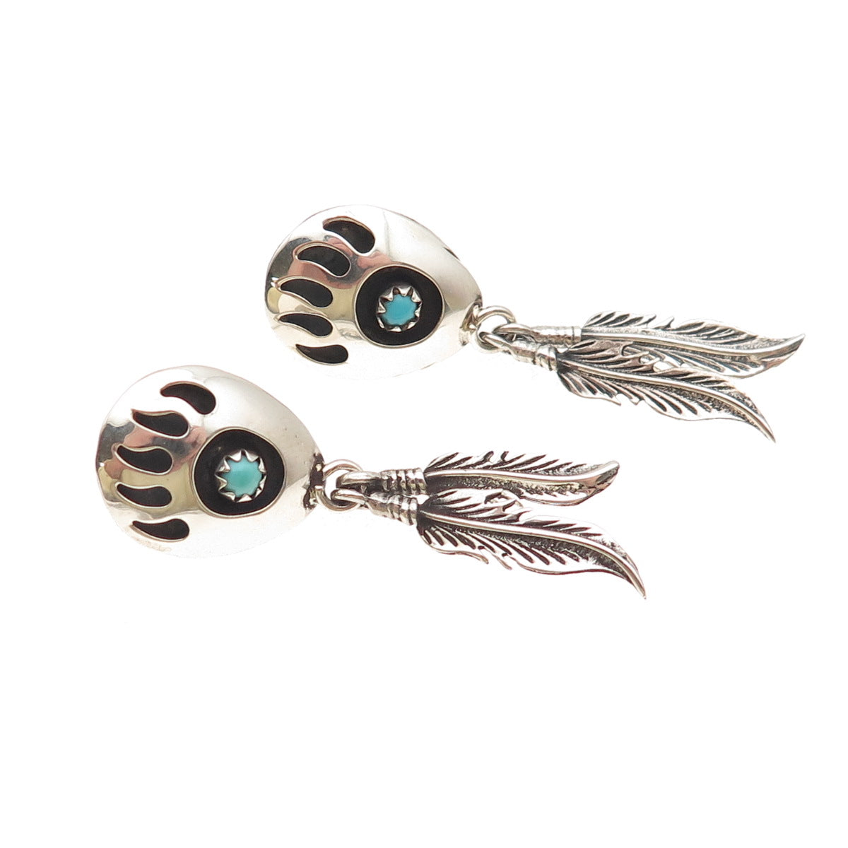 Old Pawn Sterling Silver Vintage Turquoise Snake Eye Bear Paw Feather Earrings