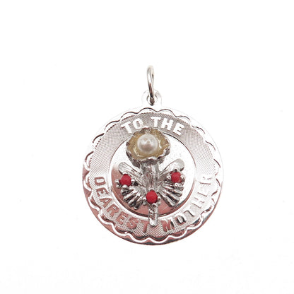 Elco Sterling Silver Vintage Rhinestone Faux Pearl To The Dearest Mother Pendant
