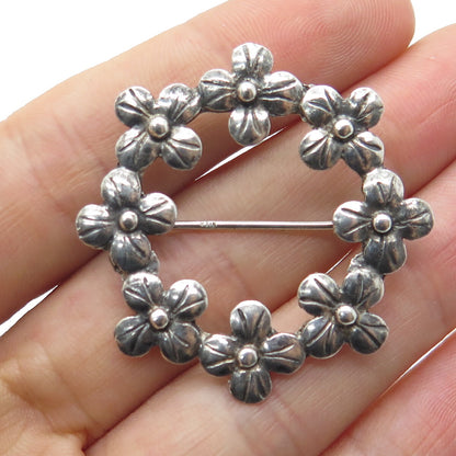925 Sterling Silver Vintage Floral Blossom Circle Oxidized Pin Brooch
