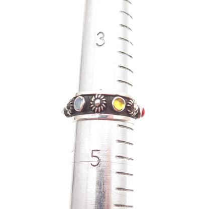 925 Sterling Silver Vintage Mexico Real Multi-Gem Cannetille Band Ring Size 4.5