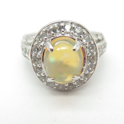 925 Sterling Silver Real Cabochon Opal & Round-Cut White Topaz Ring Size 6