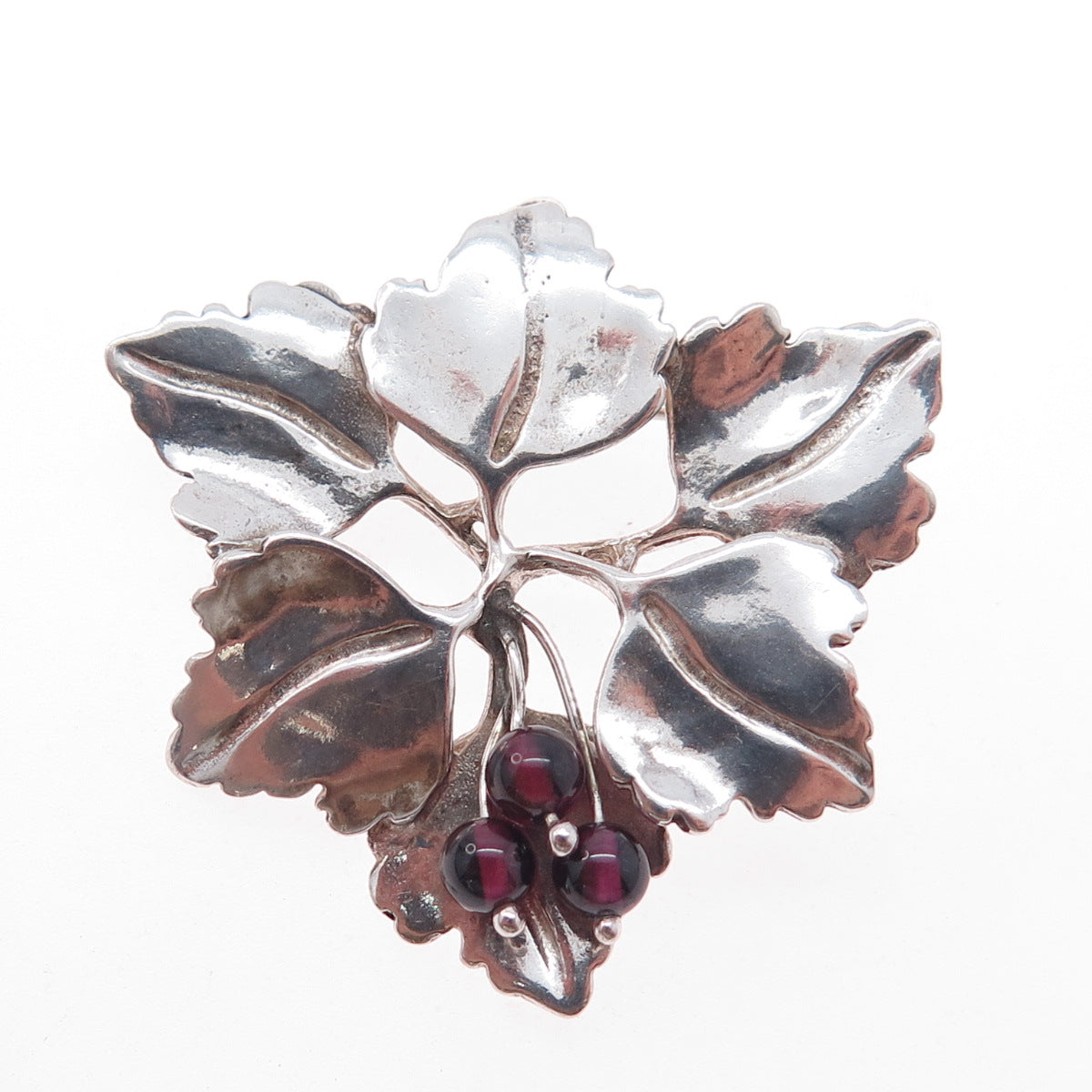 925 Sterling Silver Vintage 1986 Real Rhodolite Modernist Floral Pin Brooch