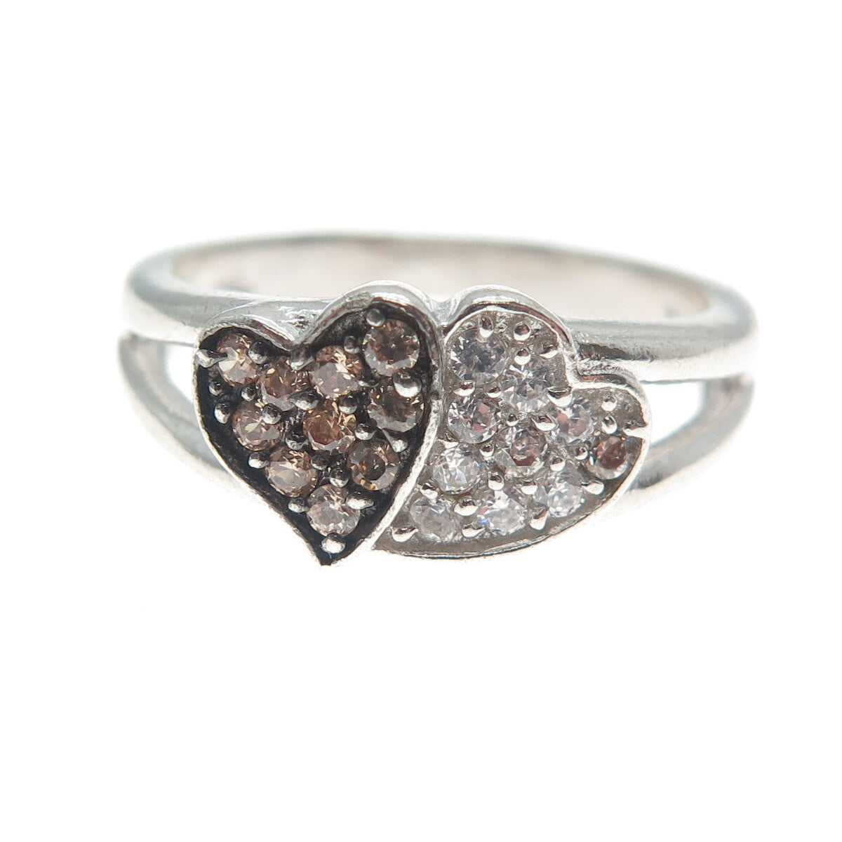 925 Sterling Silver Vintage White Champagne C Z Couple of Hearts Ring Size 7.25