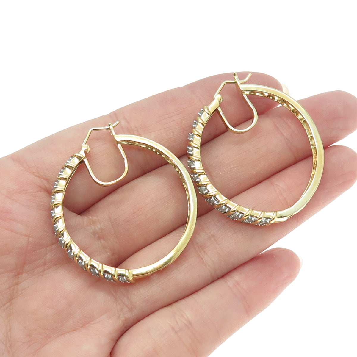 925 Sterling Silver Gold Plated Real Round-Cut Diamond Ornate Hoop Earrings