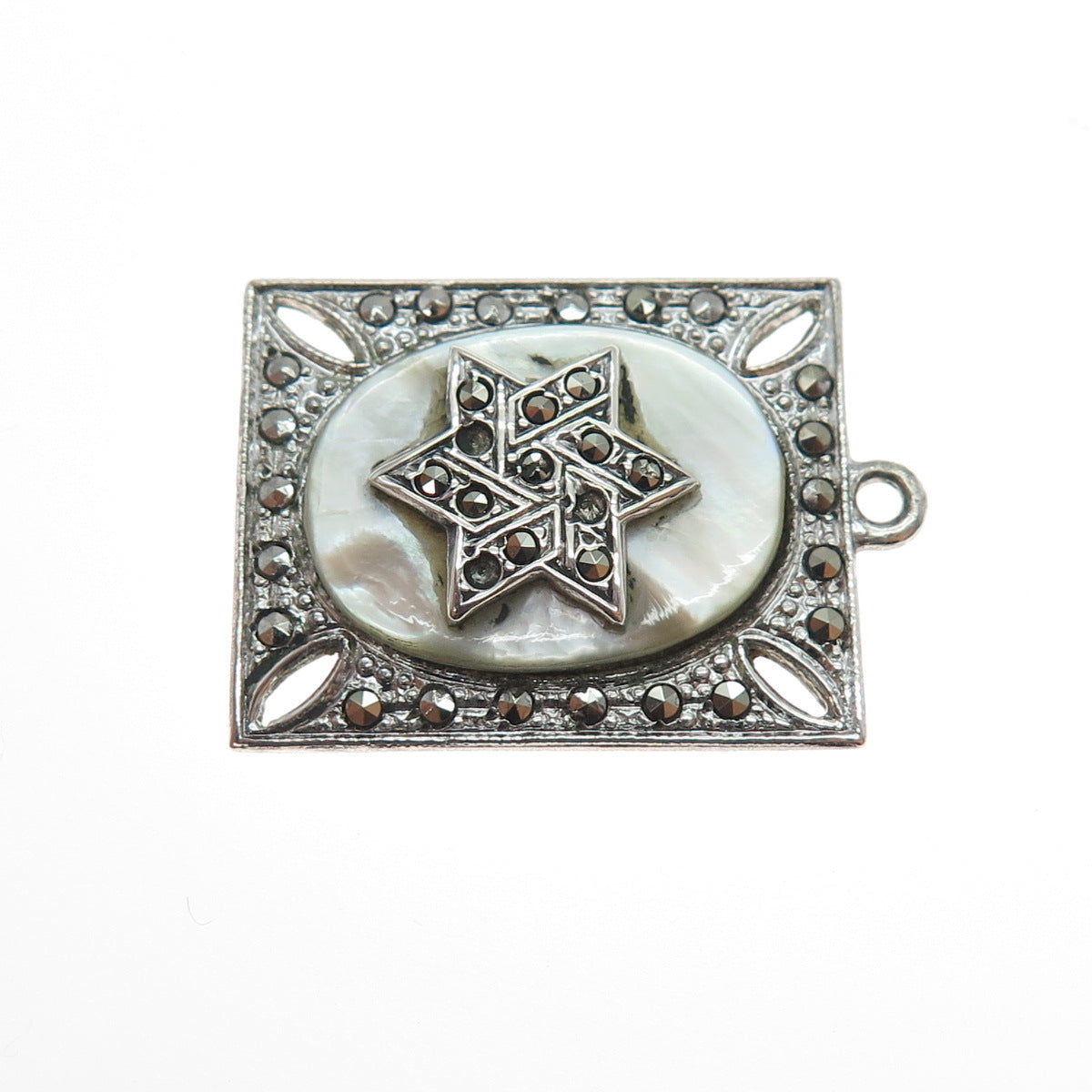 925 Sterling Antique Real MOP Marcasite Star of David Pendant (missing 3 stones)