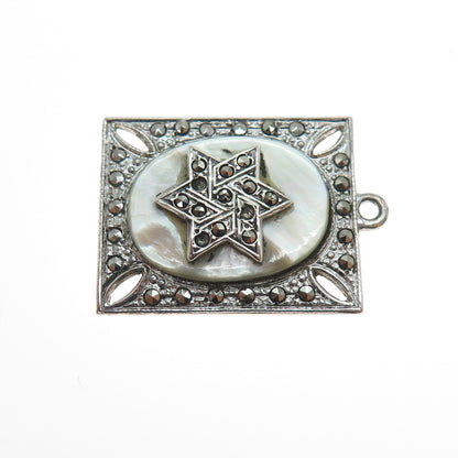 925 Sterling Antique Real MOP Marcasite Star of David Pendant (missing 3 stones)