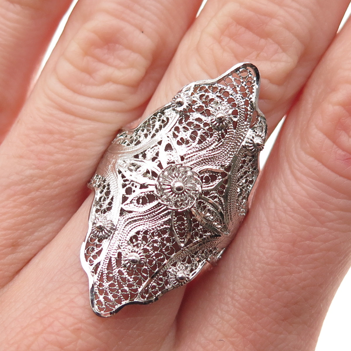 Van Lou Sterling Silver Antique Art Deco Floral Filigree Adjustable Ring Size 8