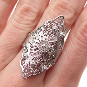Van Lou Sterling Silver Antique Art Deco Floral Filigree Adjustable Ring Size 8