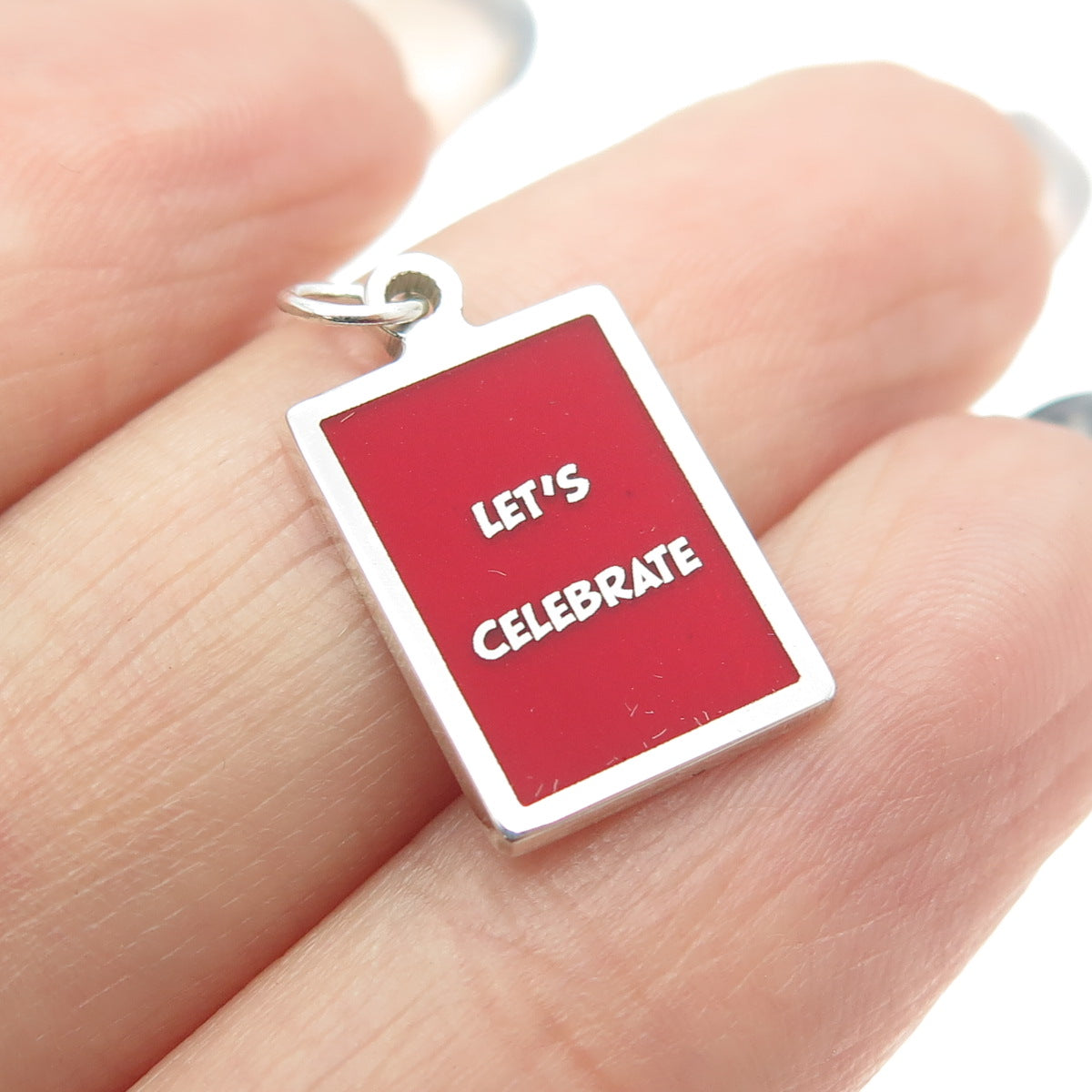 925 Sterling Silver Red Enamel "Let's Celebrate" Minimalist Charm Pendant