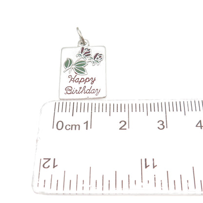 BEAU 925 Sterling Silver Vintage Enamel Happy Birthday Rose Mini Charm Pendant