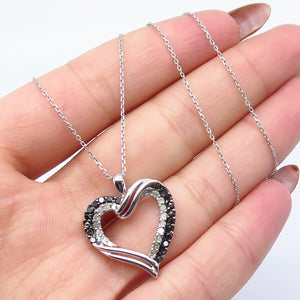 925 Sterling Silver Italy White Black Diamond Open Heart Rolo Chain Necklace 17"