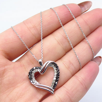925 Sterling Silver Italy White Black Diamond Open Heart Rolo Chain Necklace 17"