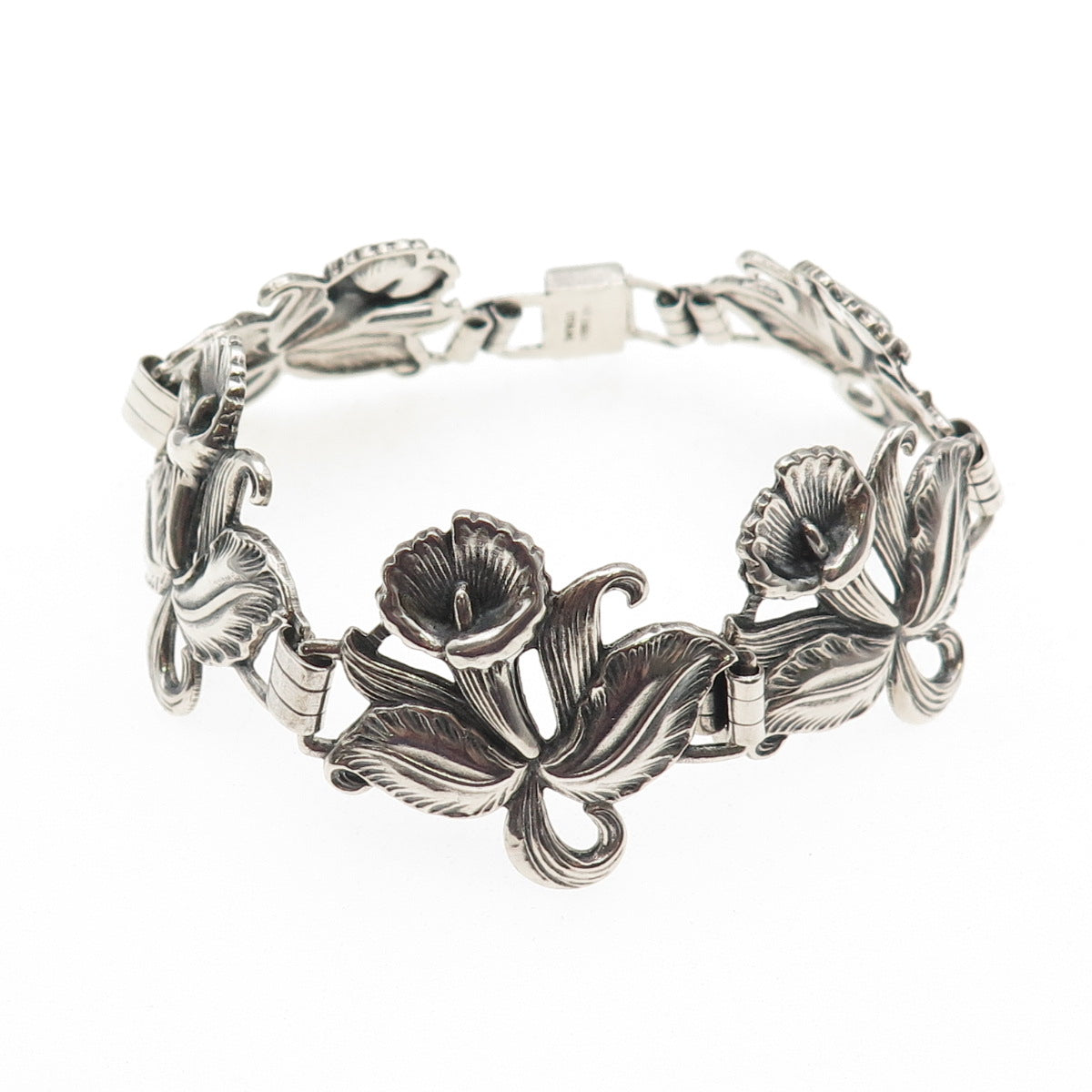 925 Sterling Silver Antique Art Deco Trumpet Flower Bracelet 7.5" Pat. 236854