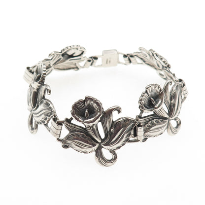 925 Sterling Silver Antique Art Deco Trumpet Flower Bracelet 7.5" Pat. 236854