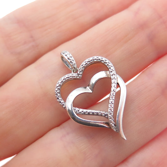 SAI 925 Sterling Silver Real Diamond Accent Double Heart Mini Charm Pendant
