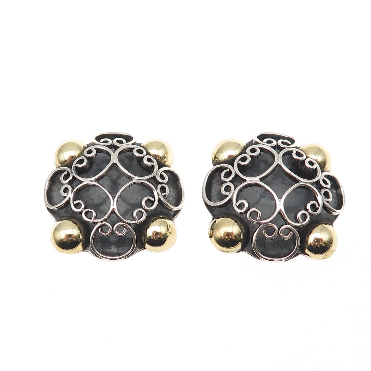 925 Sterling 2-Tone Vintage Mexico Floral Ornate Oxidized Clip On Earrings