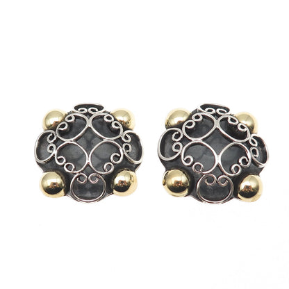 925 Sterling 2-Tone Vintage Mexico Floral Ornate Oxidized Clip On Earrings
