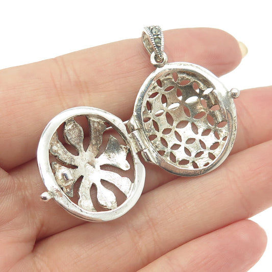 925 Sterling Silver Vintage Real Marcasite Floral Locket Pendant