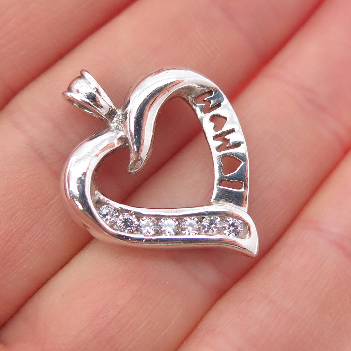 925 Sterling Silver Round-Cut C Z Mom Heart Charm Pendant