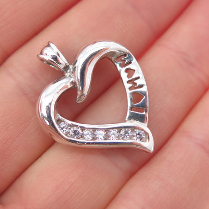 925 Sterling Silver Round-Cut C Z Mom Heart Charm Pendant
