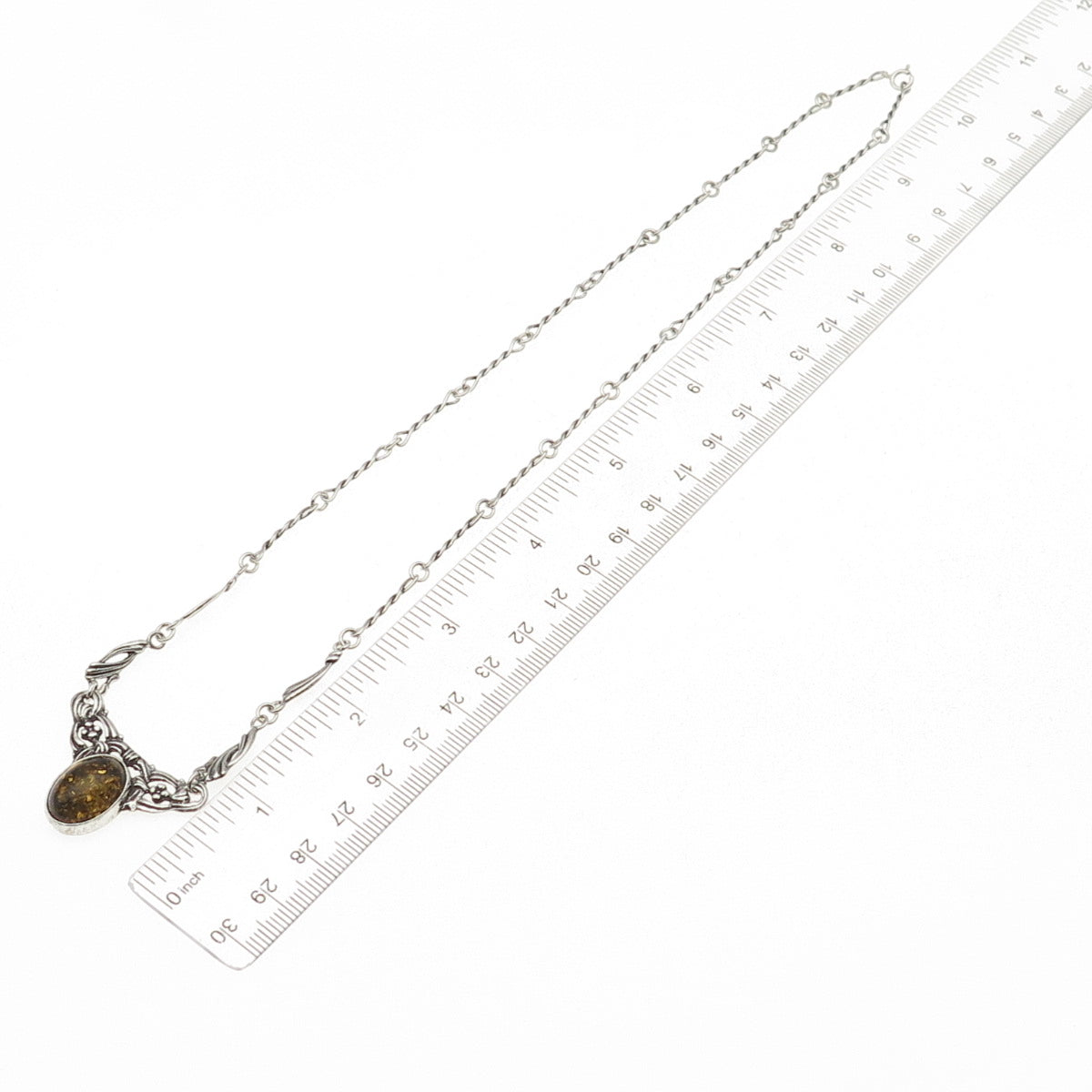 Valerio V-8 Sterling Silver Vintage Poland Real Amber Floral Chain Necklace 20"