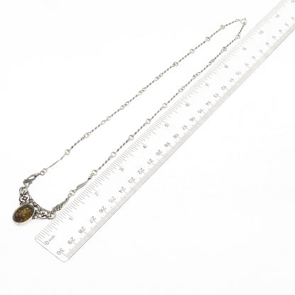 Valerio V-8 Sterling Silver Vintage Poland Real Amber Floral Chain Necklace 20"