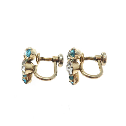 1/20 12K Gold Filled Antique P & F White Blue Rhinestone Bee Screw Back Earrings