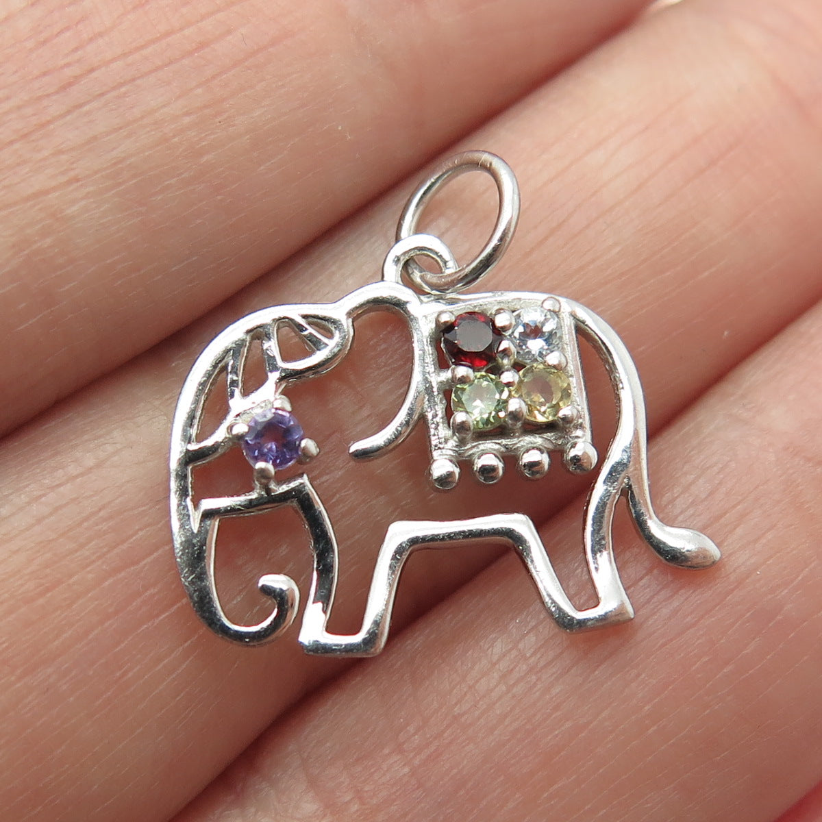 925 Sterling Silver Real Multi-Color Gem Elephant Minimalist Charm Pendant