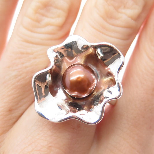HAGIT GORALI Sterling Vintage Israel Real Pearl Modernist Flower Ring Size 7.5