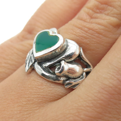 925 Sterling Silver Vintage Real Green Onyx Heart & Flower Ring Size 6.75
