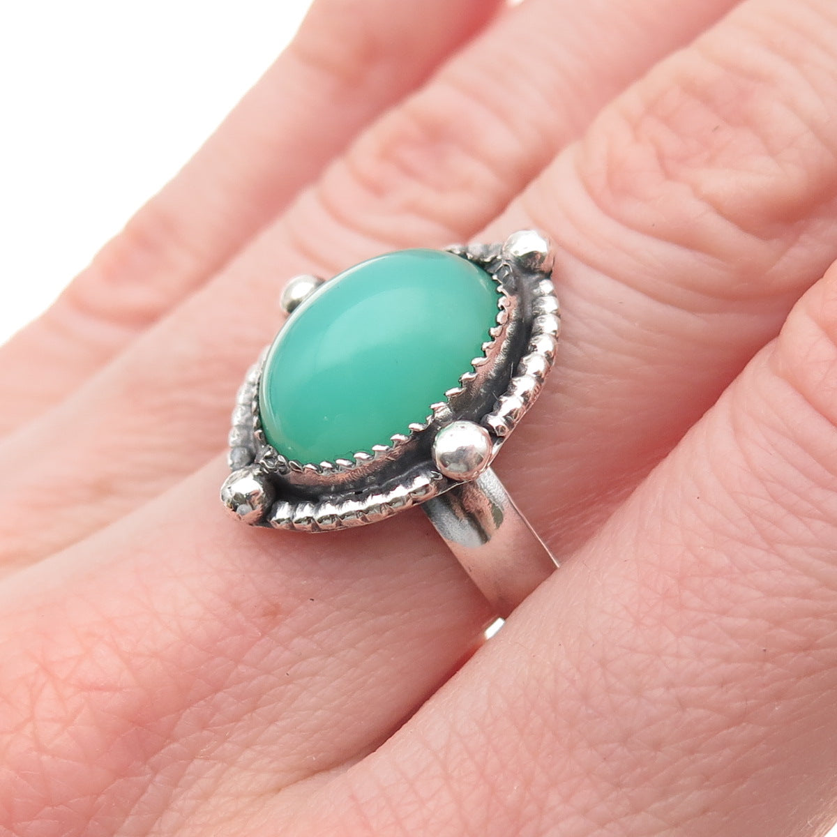 925 Sterling Silver Vintage Real Cabochon Chrysoprase Oxidized Ring Size 7.5